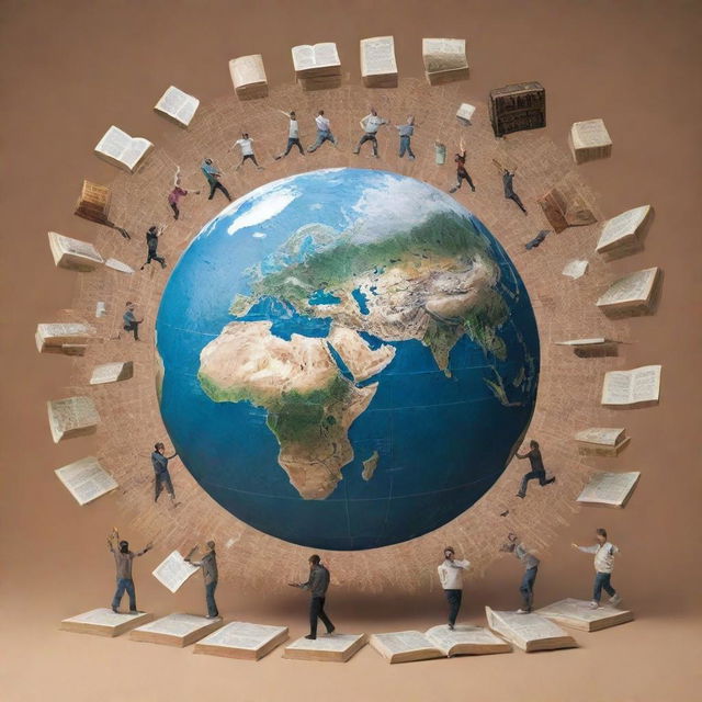 A conceptual representation of semantics as visuals, with symbolic figures dancing around the globe, books, and machines to signify the global interpretation of various languages.