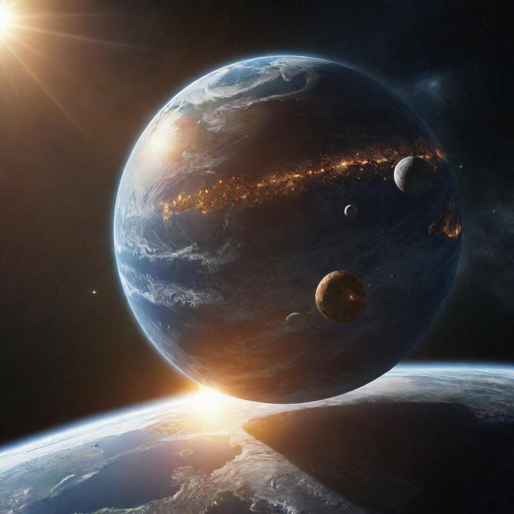 A dynamic solar system scene with an oversized Earth as the focal point. Ships traverse around the Earth, and a burgeoning Dyson sphere underlines human innovation.