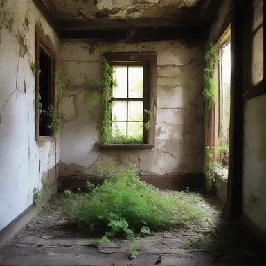 As I walked through the abandoned farmhouse, I noticed the creeping vines of Japanese clover crawling up the decaying walls, giving the place an eerie and haunted feel.