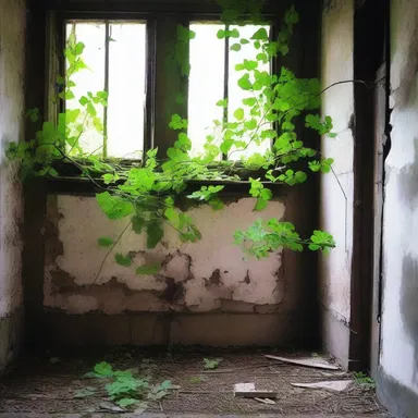 As I walked through the abandoned farmhouse, I noticed the creeping vines of Japanese clover crawling up the decaying walls, giving the place an eerie and haunted feel.