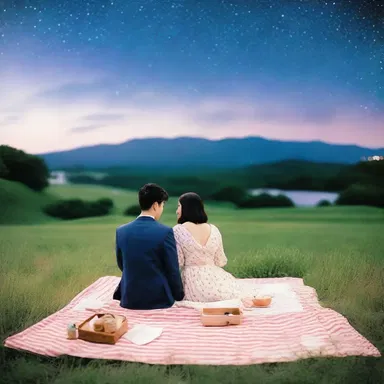 Under the starry night sky, the couple sat on a blanket spread atop a lush field of Japanese clover, enjoying a romantic picnic together.