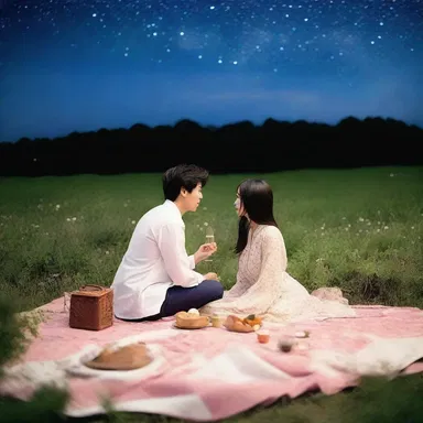 Under the starry night sky, the couple sat on a blanket spread atop a lush field of Japanese clover, enjoying a romantic picnic together.