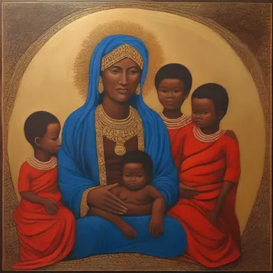 The painting depicts a strong and regal materfamilias surrounded by her children, portraying the essence of family strength and unity.