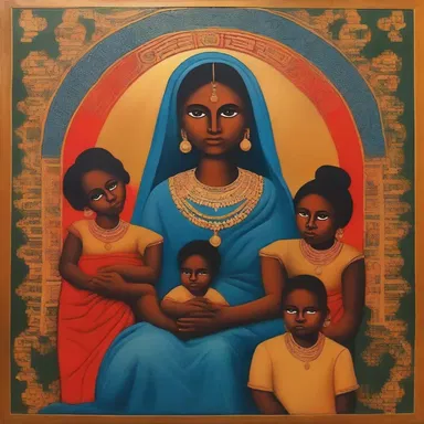 The painting depicts a strong and regal materfamilias surrounded by her children, portraying the essence of family strength and unity.