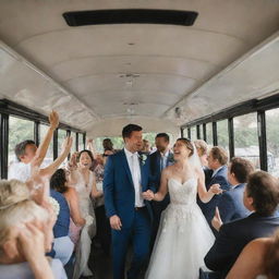 A joyous wedding scene unfolding on a festively decorated city bus, with happy couple exchanging vows and guests seated around them.