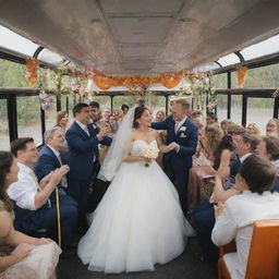 A joyous wedding scene unfolding on a festively decorated city bus, with happy couple exchanging vows and guests seated around them.