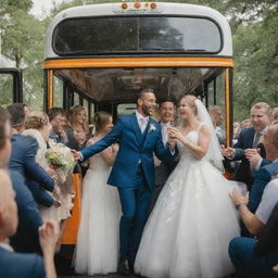 A joyous wedding scene unfolding on a festively decorated city bus, with happy couple exchanging vows and guests seated around them.