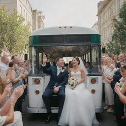 A joyous wedding scene unfolding on a festively decorated city bus, with happy couple exchanging vows and guests seated around them.