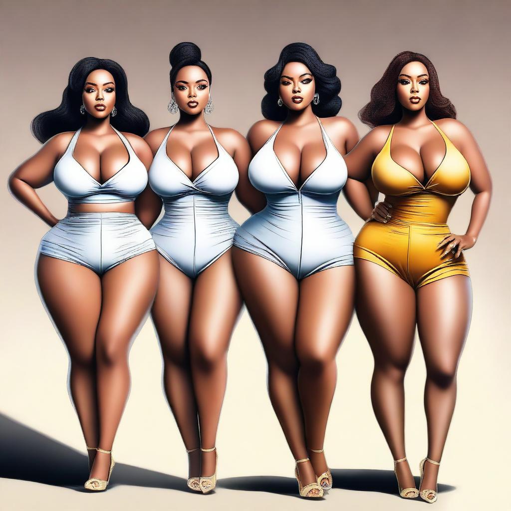 A high-quality digital art piece featuring attractive women with curvaceous figures