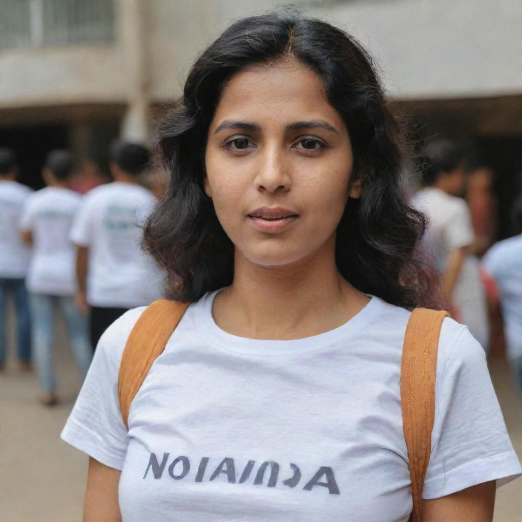 A woman wearing a t-shirt that has 'NANDA OKTAVIA' written on it.