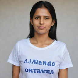 A woman wearing a t-shirt that has 'NANDA OKTAVIA' written on it.