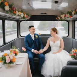 A joyous wedding scene on a festively decorated city bus, complete with elegantly set tables and vibrant floral arrangements, while the couple exchanges vows amongst their seated guests.