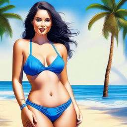 A high-quality digital art piece featuring a voluptuous woman with fair skin, dressed in a striking blue bikini