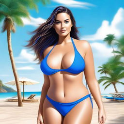 A high-quality digital art piece featuring a voluptuous woman with fair skin, dressed in a striking blue bikini