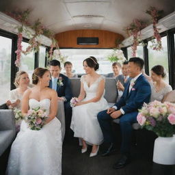 A joyous wedding scene on a festively decorated city bus, complete with elegantly set tables and vibrant floral arrangements, while the couple exchanges vows amongst their seated guests.