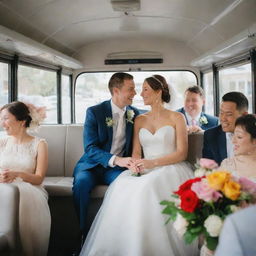 A joyous wedding scene on a festively decorated city bus, complete with elegantly set tables and vibrant floral arrangements, while the couple exchanges vows amongst their seated guests.