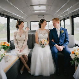 A joyous wedding scene on a festively decorated city bus, complete with elegantly set tables and vibrant floral arrangements, while the couple exchanges vows amongst their seated guests.