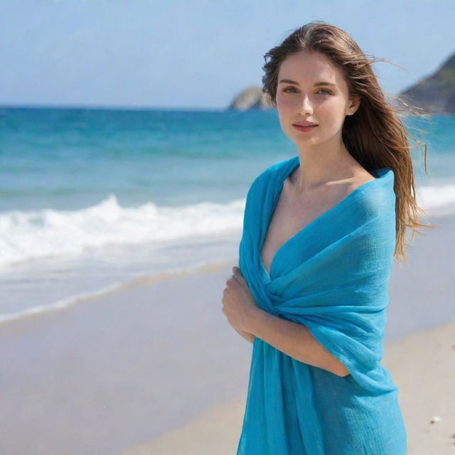 A beautiful young lady with fair complexion, gracefully standing on a beach. She's elegantly wrapped in a thin, flowing blanket, with the azure sea and sky as her backdrop.