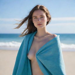 A beautiful young lady with fair complexion, gracefully standing on a beach. She's elegantly wrapped in a thin, flowing blanket, with the azure sea and sky as her backdrop.