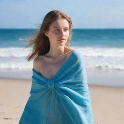 A beautiful young lady with fair complexion, gracefully standing on a beach. She's elegantly wrapped in a thin, flowing blanket, with the azure sea and sky as her backdrop.