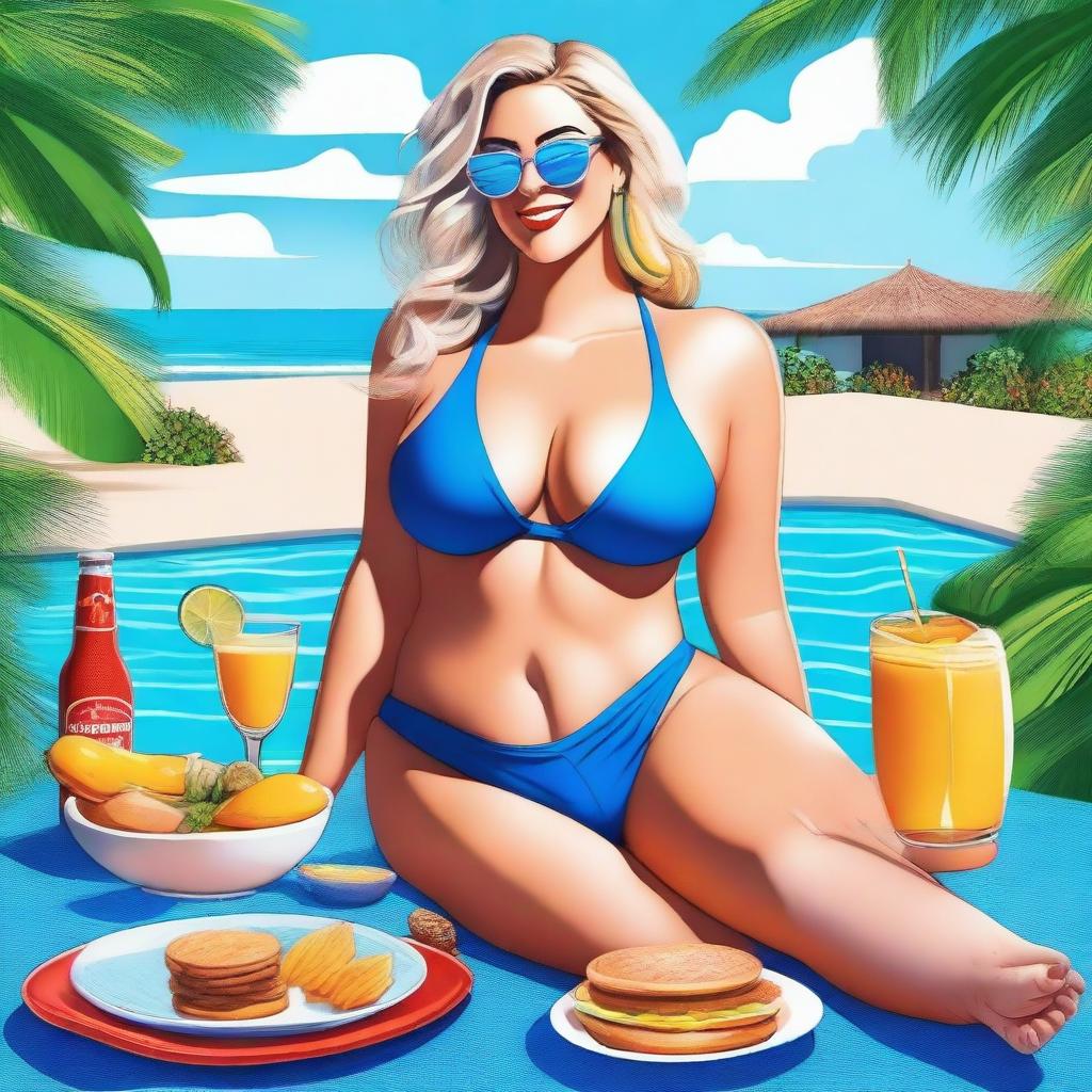 A digital art piece showcasing a voluptuous Caucasian woman in a vibrant blue bikini