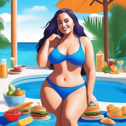 A digital art piece showcasing a voluptuous Caucasian woman in a vibrant blue bikini