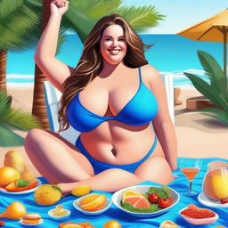 A digital art piece showcasing a voluptuous Caucasian woman in a vibrant blue bikini