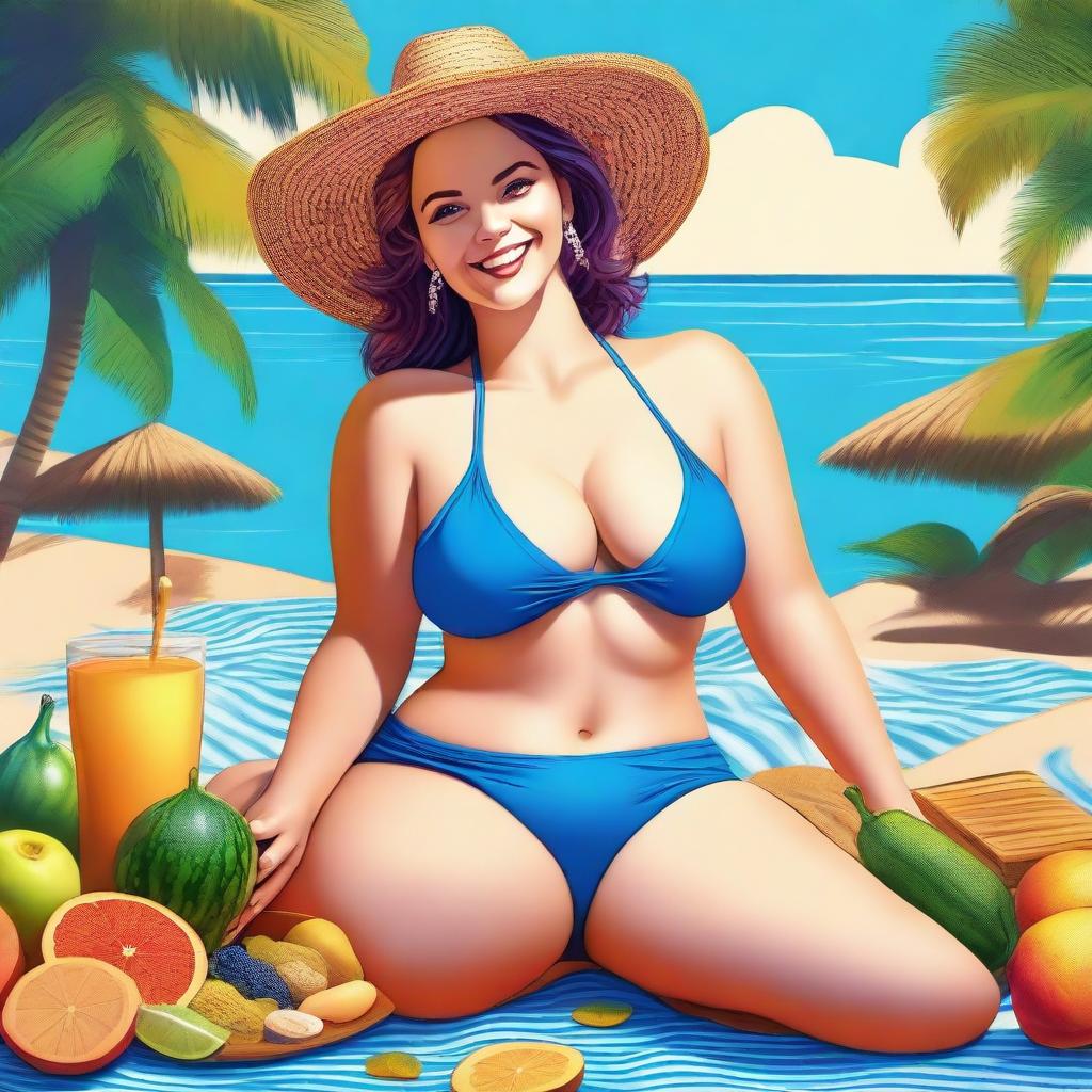 A digital art piece showcasing a voluptuous Caucasian woman in a vibrant blue bikini