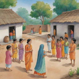 An illustration of characters engaging in a scene from a moral story in Hindi, set in a rural Indian village.