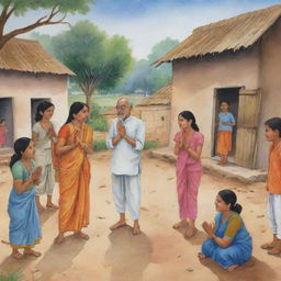 An illustration of characters engaging in a scene from a moral story in Hindi, set in a rural Indian village.