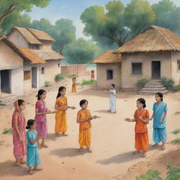 An illustration of characters engaging in a scene from a moral story in Hindi, set in a rural Indian village.