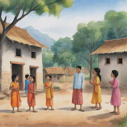 An illustration of characters engaging in a scene from a moral story in Hindi, set in a rural Indian village.