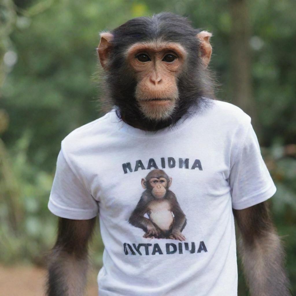 A monkey wearing a t-shirt with 'NANDA OKTAVIA' written on it