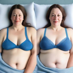 An image featuring a woman with fair skin, lying in bed while wearing a blue bra