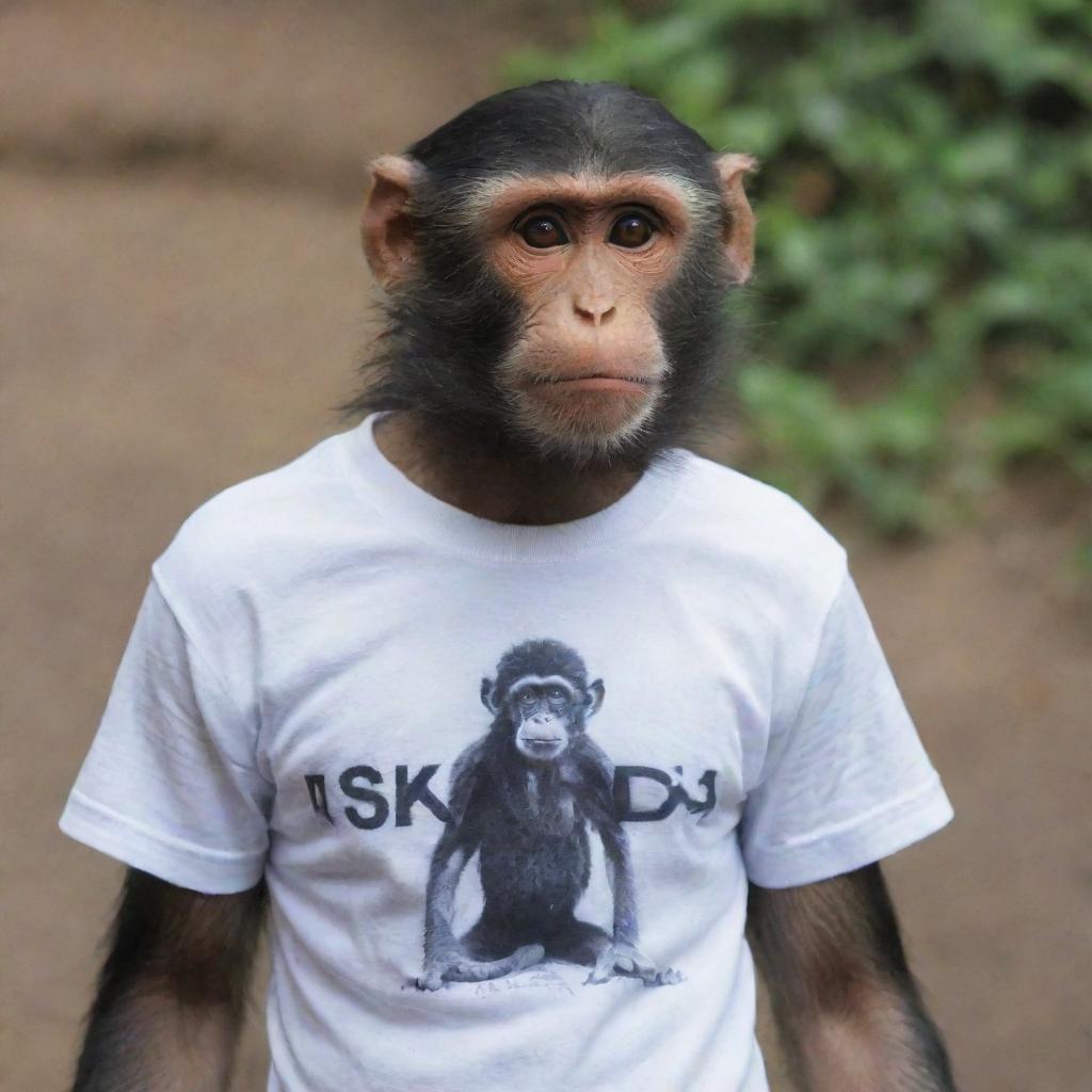 A monkey wearing a t-shirt with 'NANDA OKTAVIA' written on it