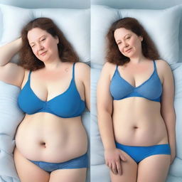 An image featuring a woman with fair skin, lying in bed while wearing a blue bra