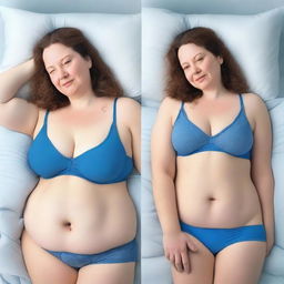 An image featuring a woman with fair skin, lying in bed while wearing a blue bra