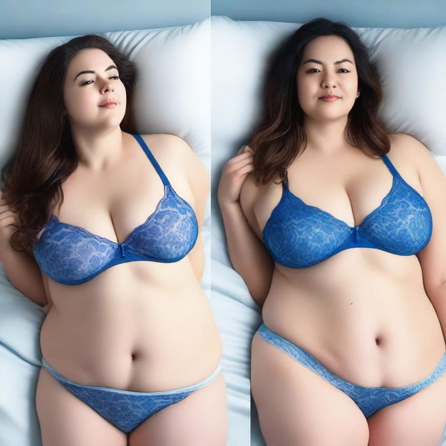 An image featuring a woman with fair skin, lying in bed while wearing a blue bra