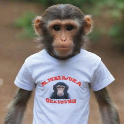 A monkey wearing a t-shirt with 'NANDA OKTAVIA' written on it