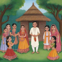 An illustration representing a moral story in Hindi, depicting traditional Indian characters in a folkloric setting.