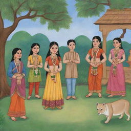 An illustration representing a moral story in Hindi, depicting traditional Indian characters in a folkloric setting.