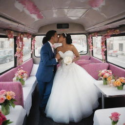 A joyous wedding scene on a festively decorated city bus, complete with elegantly set tables and vibrant floral arrangements. The image includes lively dancing maids and grooms in a passionate yet tender moment of a kiss.