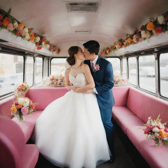 A joyous wedding scene on a festively decorated city bus, complete with elegantly set tables and vibrant floral arrangements. The image includes lively dancing maids and grooms in a passionate yet tender moment of a kiss.