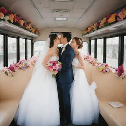 A joyous wedding scene on a festively decorated city bus, complete with elegantly set tables and vibrant floral arrangements. The image includes lively dancing maids and grooms in a passionate yet tender moment of a kiss.