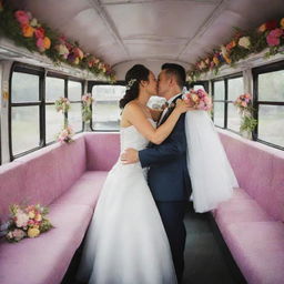 A joyous wedding scene on a festively decorated city bus, complete with elegantly set tables and vibrant floral arrangements. The image includes lively dancing maids and grooms in a passionate yet tender moment of a kiss.