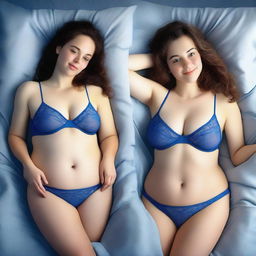 A digital art piece depicting a youthful, attractive Caucasian woman lying in bed, dressed in a blue bra