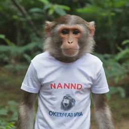 A monkey wearing a t-shirt with the inscription 'NANDA Oktavia'