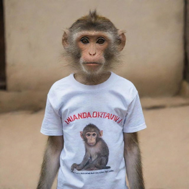 A monkey wearing a t-shirt with the inscription 'NANDA Oktavia'