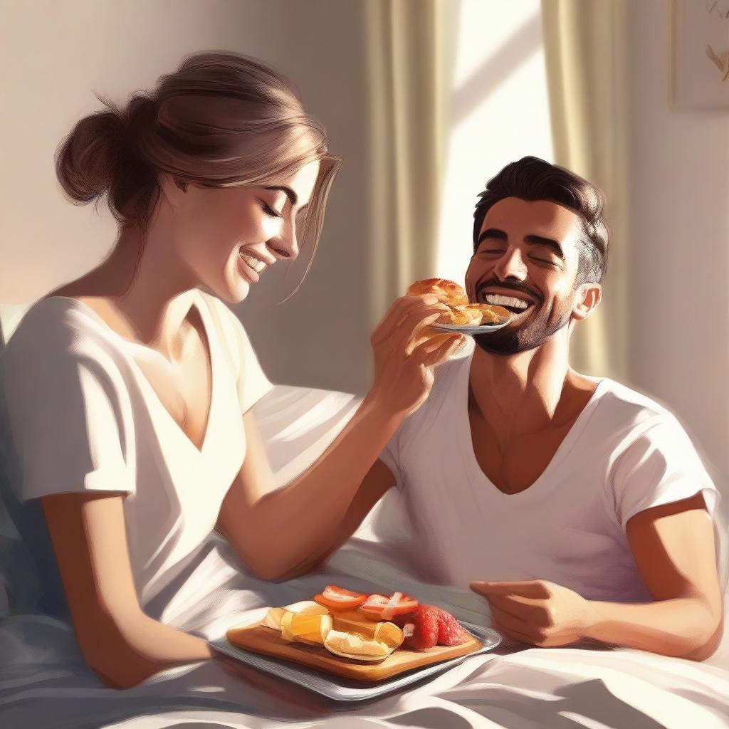 A high-quality digital art piece portraying a handsome individual being fed breakfast in bed by an attractive young woman