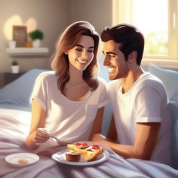 A high-quality digital art piece portraying a handsome individual being fed breakfast in bed by an attractive young woman